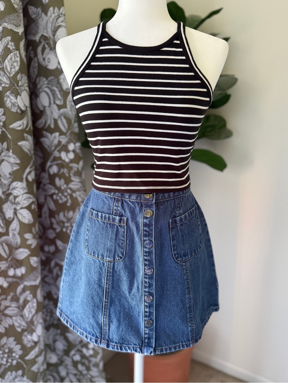Madewell Black & White Striped Ribbed Halter Crop Top